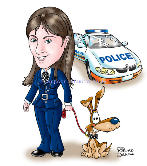 caricature of a police woman, cartoon police car and cartoon police dog