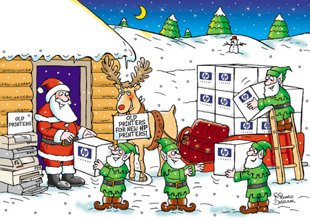 Corporate Christmas card design for Hewlett Packard. Campaign for Old Printers For New HP Printers. Elves are loading up the sleigh with HP printer boxes.