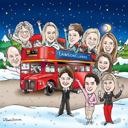 Corporate Christmas card design for Lawson Clarke PR agency. Caricatures of all the staff members on a London red bus waving Merry Christmas!