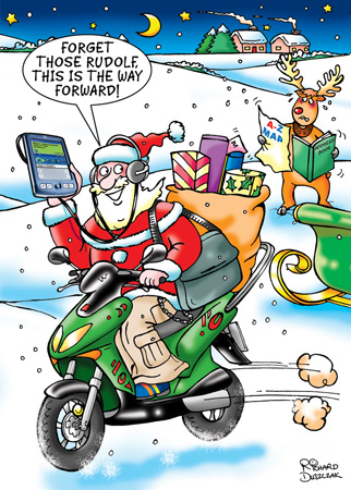 Corporate Christmas card for Palm Pilot. Santa Claus is zooming off on his motor scooter. While Rudolf looks at A-Z maps trying to find places to deliver Christmas presents Santa says Forget those Rudolf, this is the way forward. He's got a sat nav app.