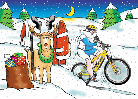 Corporate Christmas card for Saracen cycles. Santa is dressed in biking gear while Rudolf is stood bemused with all Santa's clothing hanging from his antlers.
