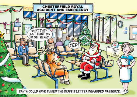 Corporate Christmas card design for Chesterfield Royal Accident and emergency department. Santa and Rudolf are sat waiting. Caption reads: Santa could have sworn the staff's letter demanded presence!