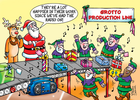 Corporate Christmas card design for Linc FM Grotto production line. Santa's little helpers are all boogying to the sounds on their radio. Santa says to Rudolf They're a lot happier in their work since we've had the radio on!
