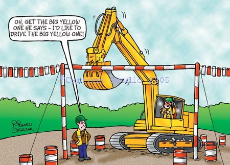 Safety cartoon with big yellow digger, overhead power lines about to be touched. Avoidance of Danger from Overhead Electric Power Lines