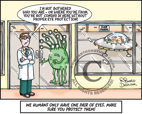 Health and safety cartoon - Cartoon of guy talking to alien with space ship outside building - alien has numerous eyes. Guy says 