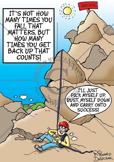 Cartoon of guy who has fallen down while trying to climb his way up a mountain to success.