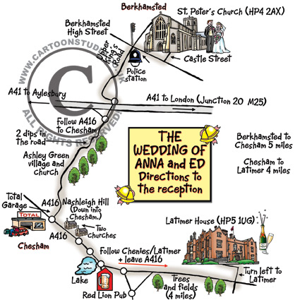 Cartoon Wedding Map - cartoon map giving wedding guests routes to the church and reception