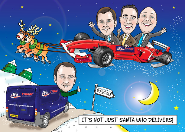 Christmas card cartoon for corporate client Tygavac. Caricatures of directors sat in Formula 1 racing car being pulled by reindeer. It's not just Santa who delivers!