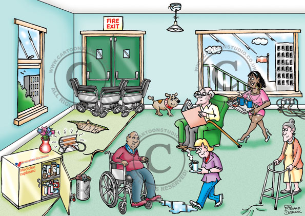 Care Home safety hazards highlighted in this health and safety cartoon