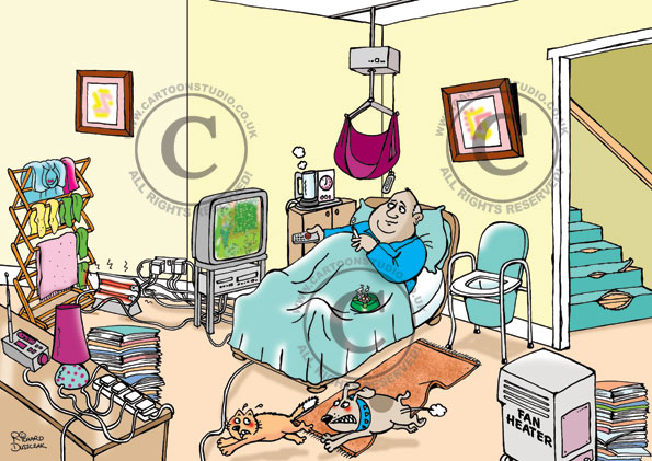 Home Care Hazards cartoon illustrating many safety hazards in the home