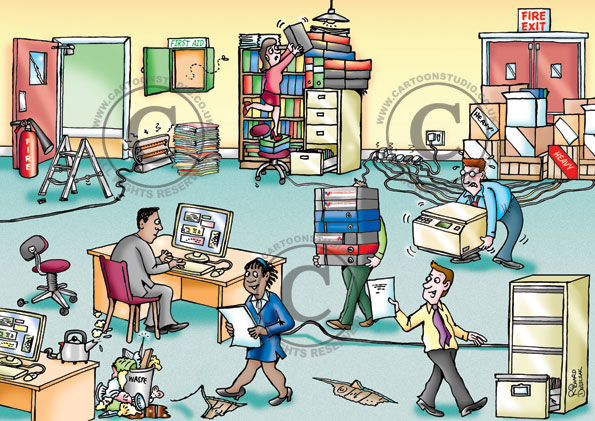 HEALTH AND SAFETY CARTOON showing numerous office safety hazrds