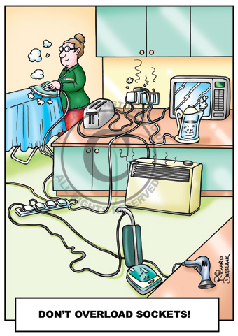 health and safety cartoon, don't overload sockets, cartoon of kitchen socket overloaded