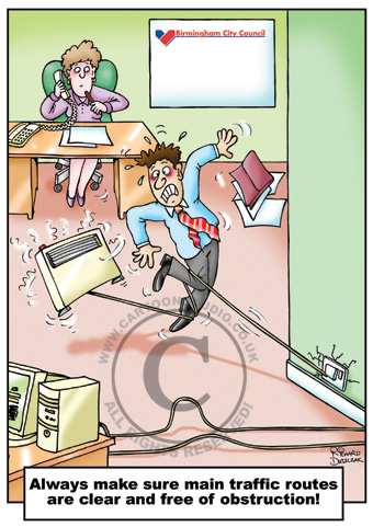 Safety cartoon, trip hazard cartoon of guy tripping over wire in office