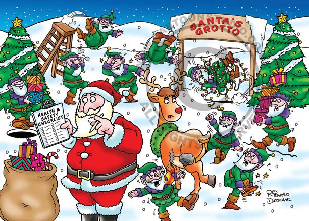 Health and safety Christmas cartoon. Sata Claus looking at 'Health & Safety Checklist. In the background are a army of elves all having various accidents. Santa Grotto cartoon