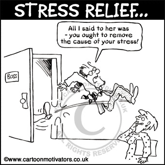 Stress cartoon - get rid of the stressor - being booted out of office door