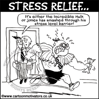 Stress cartoon - so stressed he's turned into the incredible hulk - crashed through stress level barrier