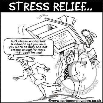 Stress cartoon - a lot of stress gives you unlimited powers of strength - by lifting desk