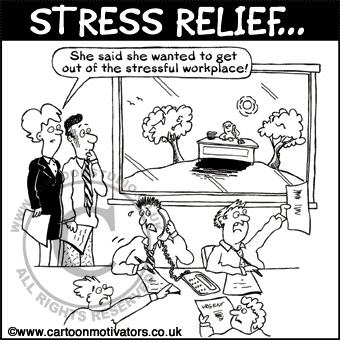 Stress cartoon - person working outside on a hill away from the stressful workplace/office