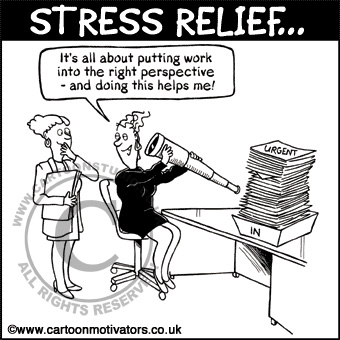 Stress relief cartoon - office worker looking down telescope the wrong way to make work load look smaller