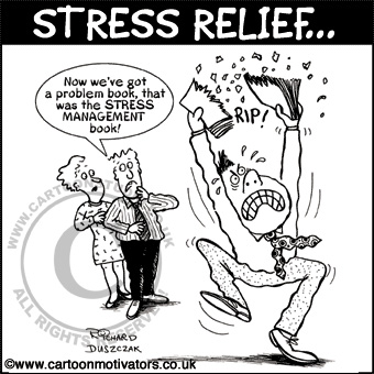 Stress cartoon - angry guy ripping thick STRESS MANAGEMENT book up