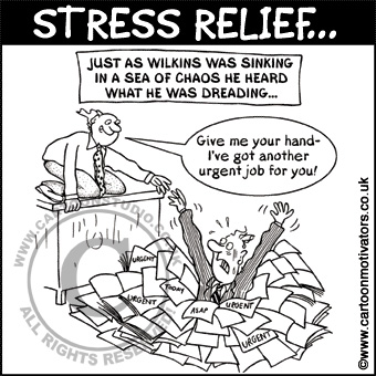 Stress Cartoon - guy sinking in a sea of chaos