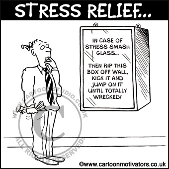 Stress cartoon - glass case on wall. In case of stress smash everything up to relieve it!