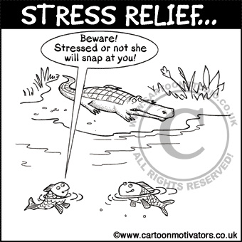 Stress cartoon - Two fish look at crocodile laid on river bank. Beware! Stressed or not she will snap at you!
