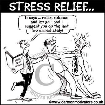 Stress cartoon - someone strangling co-worker. It says in stress management book that you should relax and let go.