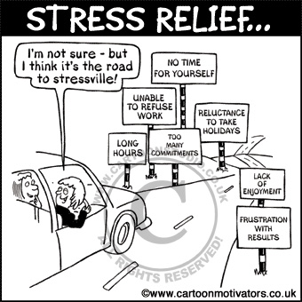 Stress cartoon - it's the road to stressville. long hours, no time to yourself
