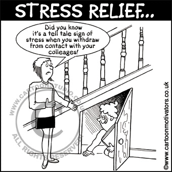 Stress cartoon - hiding in cupboard under stairs - you shouldn't withdraw from contact with your work colleagues