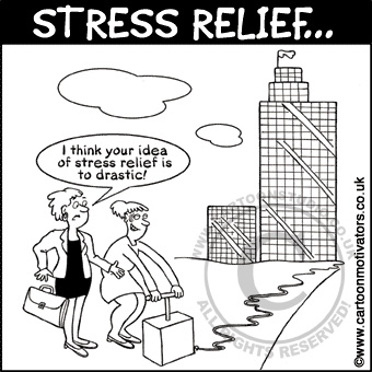 Stress Relief cartoon - drastic messures - blowing up building where she works