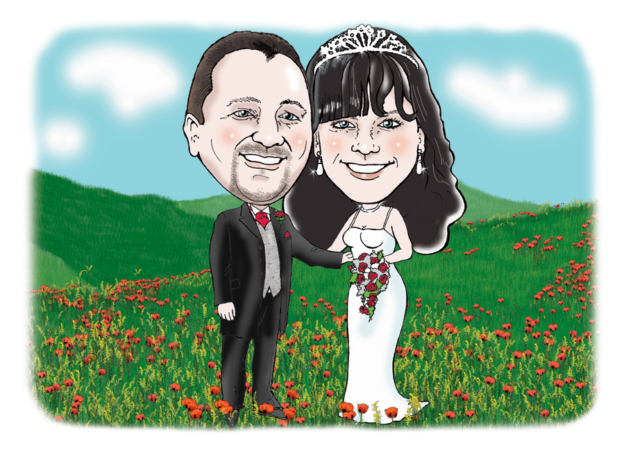 Wedding caricature of coulpe in field of red poppies.