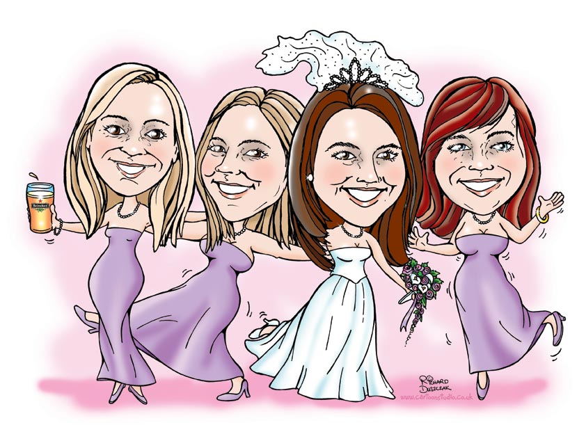 Wedding Day caricature of bride and bridesmaids given as favours.