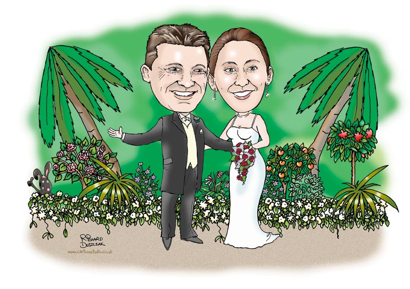 Caricatured wedding couple
