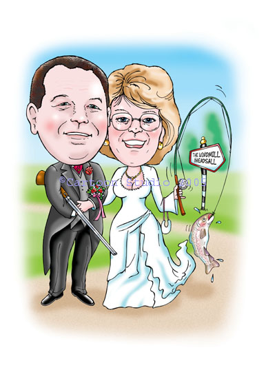 Wedding Day caricature - couple, him with shotgun under his arm her with trout fishing rod.