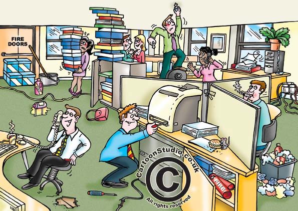 office hazards cartoon, showing typical safety hazards to avoid doing, safety cartoon, health and safety office cartoon